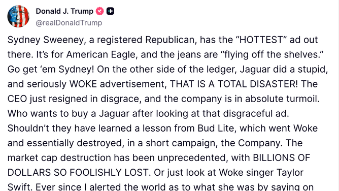 Trump's fixed post about Sydney Sweeney. (Credit: Truth Social)